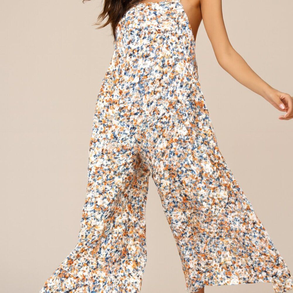 Floral Dress Overalls Wide legged Lightweight Jumpsuit L